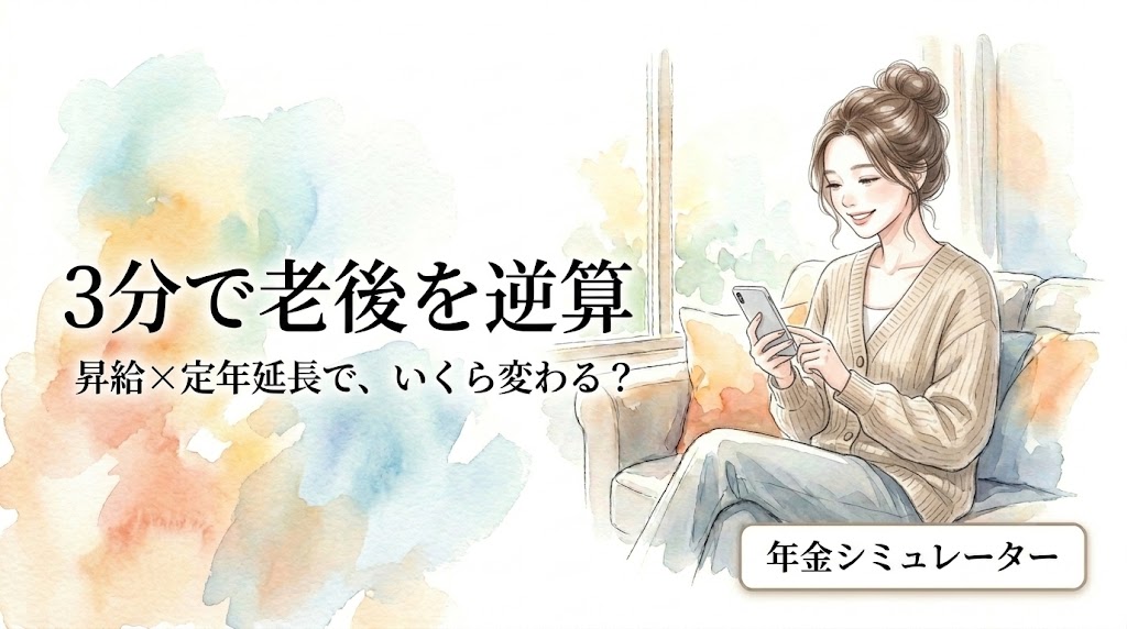 令和版・夫婦の老後年金＆ゆとり生活シミュレーションを笑顔でスマホを操作するメイメイ