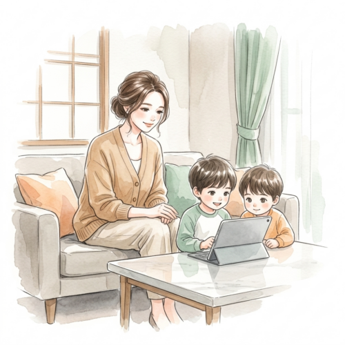 リビングで子供たちを見守るワーママ・メイメイの穏やかな日常
