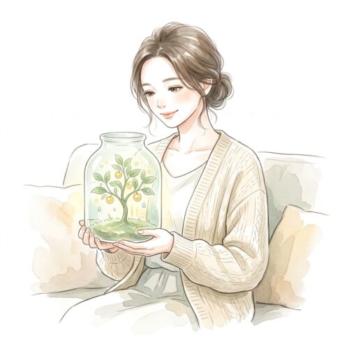 日々の生活費削減が時間をかけて大きな安心の盾へと育っていくイメージ(水彩画風)