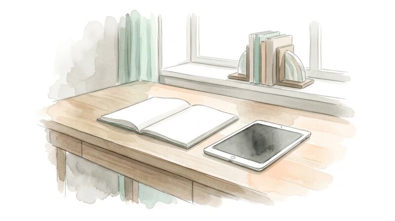 静かな書斎のデスクで、開かれたノートとタブレット端末を前に資産の安全性を冷静に見つめ直すイメージ（水彩画風）