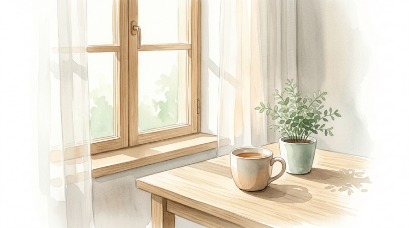 柔らかな自然光が差し込むリビングの窓辺に置かれた、温かいお茶のカップと小さな観葉植物（水彩画風）