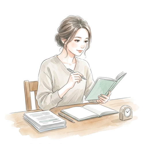 将来の働き方や体力について思いを巡らせながら、デスクで穏やかにこれからの計画を整理するアラフォーワーママ(水彩画風)