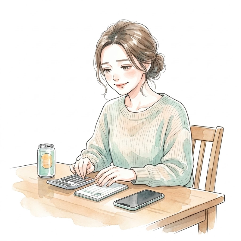 家計簿と缶ビールを前に電卓を叩きながら苦笑いするアラフォーワーママ