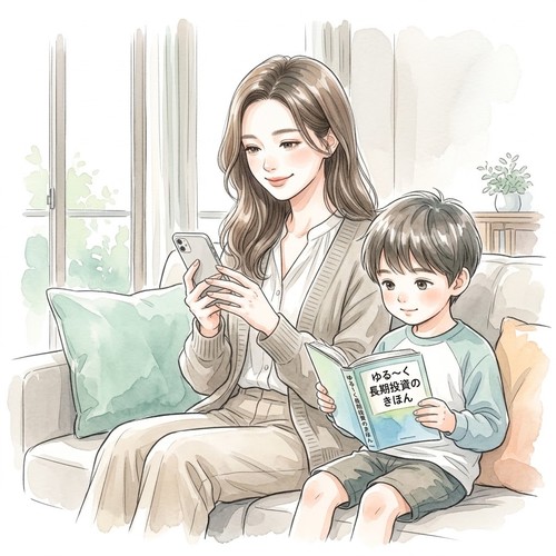 子どもと一緒にリビングで楽しく投資の勉強をするメイメイ