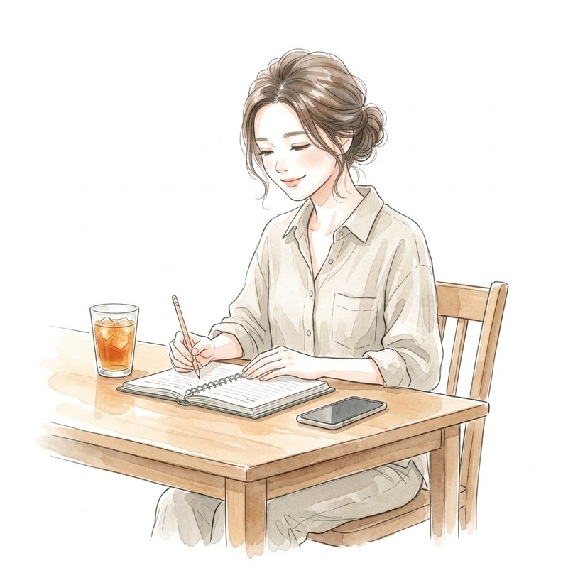 休日のリビングで子どもの気配を感じながら穏やかな笑顔で家計プランを整えるアラフォーワーママ