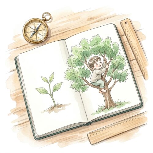 開いたスケッチブックの watercolor イラスト。左に小さな芽、右に成長した木が描かれ、木製のデスク、真鍮のコンパス、定規が周りにある。成長した木には、小さな子供が楽しそうに登っている描写が追加され、NISAによる教育資金の成長と、子供の自由な未来が象徴されている。エッジは白い背景に柔らかく滲んでいる。