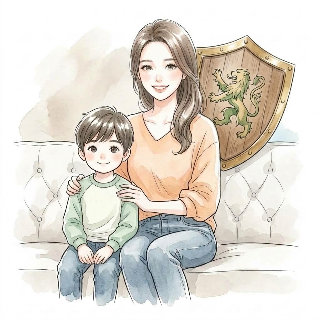 国の制度に頼らず自前の資産形成で家族の未来を守る盾のイラスト