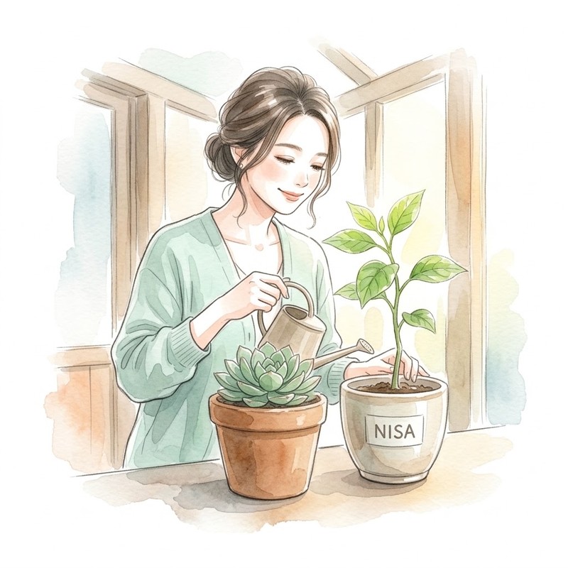 手元の生活防衛資金と新NISAの成長を象徴する2つのグリーンの鉢植え