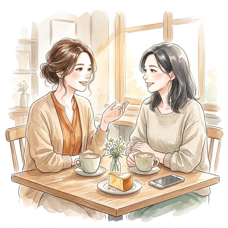 おしゃれなカフェで笑顔で話しながらお互いの働き方に共感し合うママ友たち