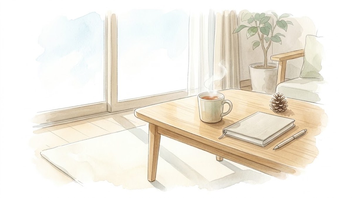 柔らかな冬の光が差し込むナチュラルなリビングで温かいお茶を楽しむ丁寧な暮らしの空間