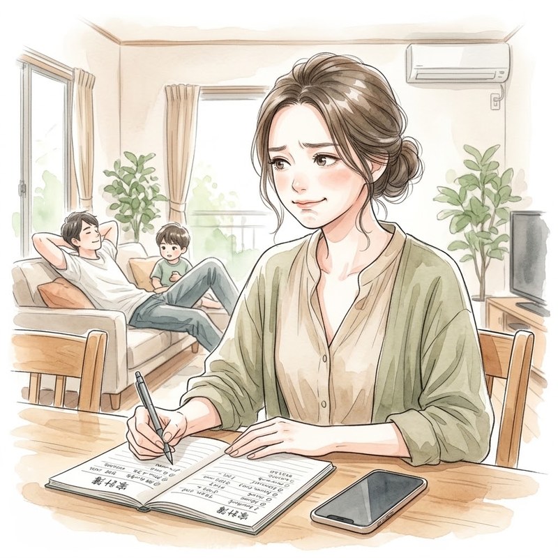 涼しい顔で過ごす家族を横目にスマホを伏せて家計の見直しメモを整理するワーママ