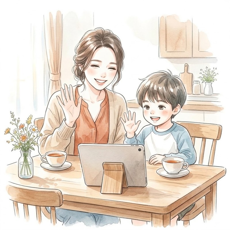 ダイニングテーブルで遠くの祖父母と笑顔でテレビ電話を楽しむワーママと子ども