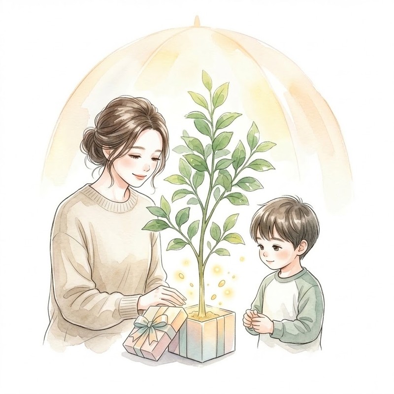 祖父母の温かい愛情を種にして子どもの未来を守る木が穏やかに育つ水彩コンセプトアート