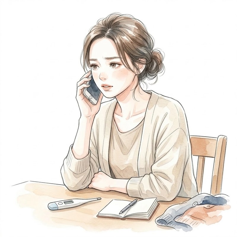 電話口で切実な表情を浮かべながら仕事の調整と看病の狭間で掛け合うワーママ