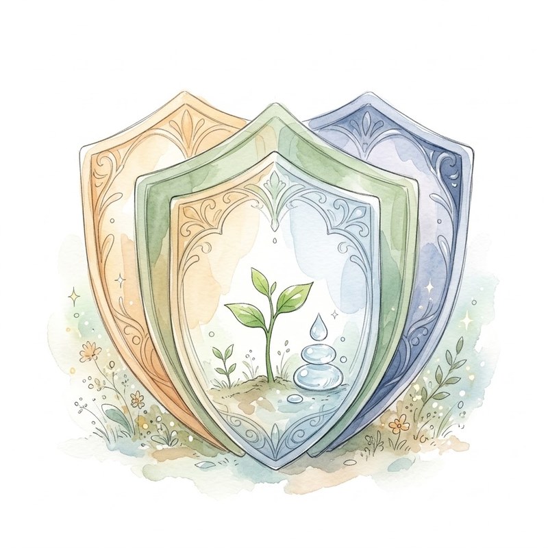 幾重にも重なる優しい盾と穏やかに蓄えられた資産を象徴する水彩イラスト