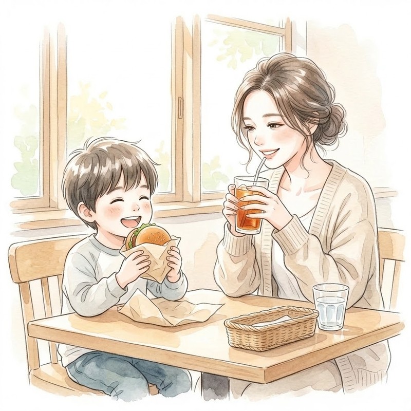 明るいカフェのテーブルで嬉しそうにハンバーガーを頬張る子どもと優しく見守るワーママ